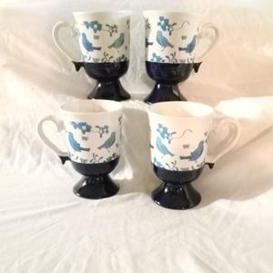 Vintage Blue Transferware Bird Cobalt Footed Coffees Cups. Set of 4.